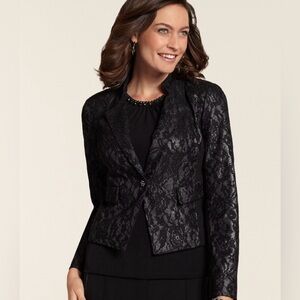 Chico’s Black Lace Open Front Moto Jacket blazer. Chico’s Size 1 US Size M